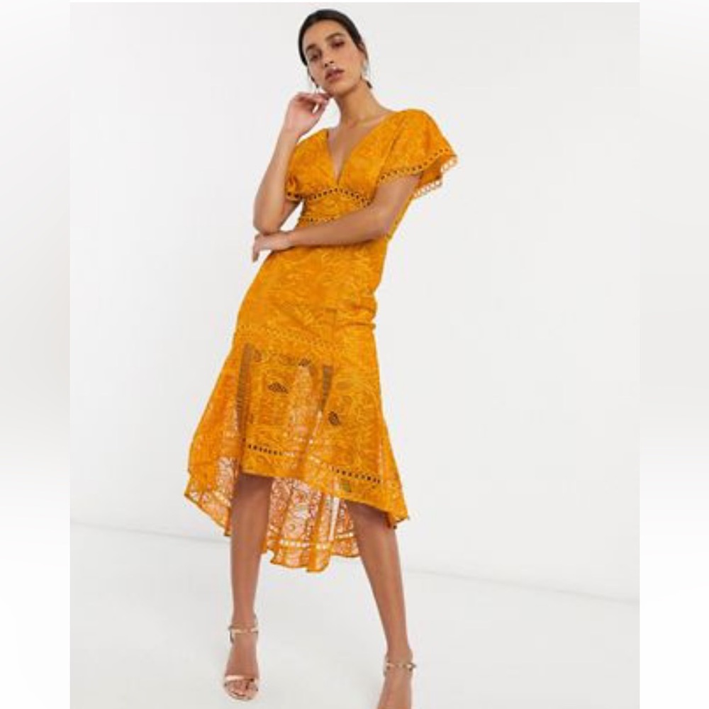 ASOS DESIGN flutter sleeve midi dress in corded lace with circle trim detail